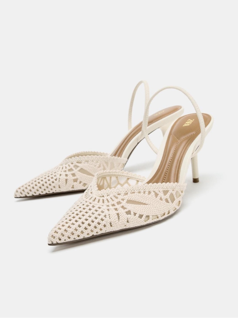Zara Cream Crochet Slingback Pointed-Toe Heels